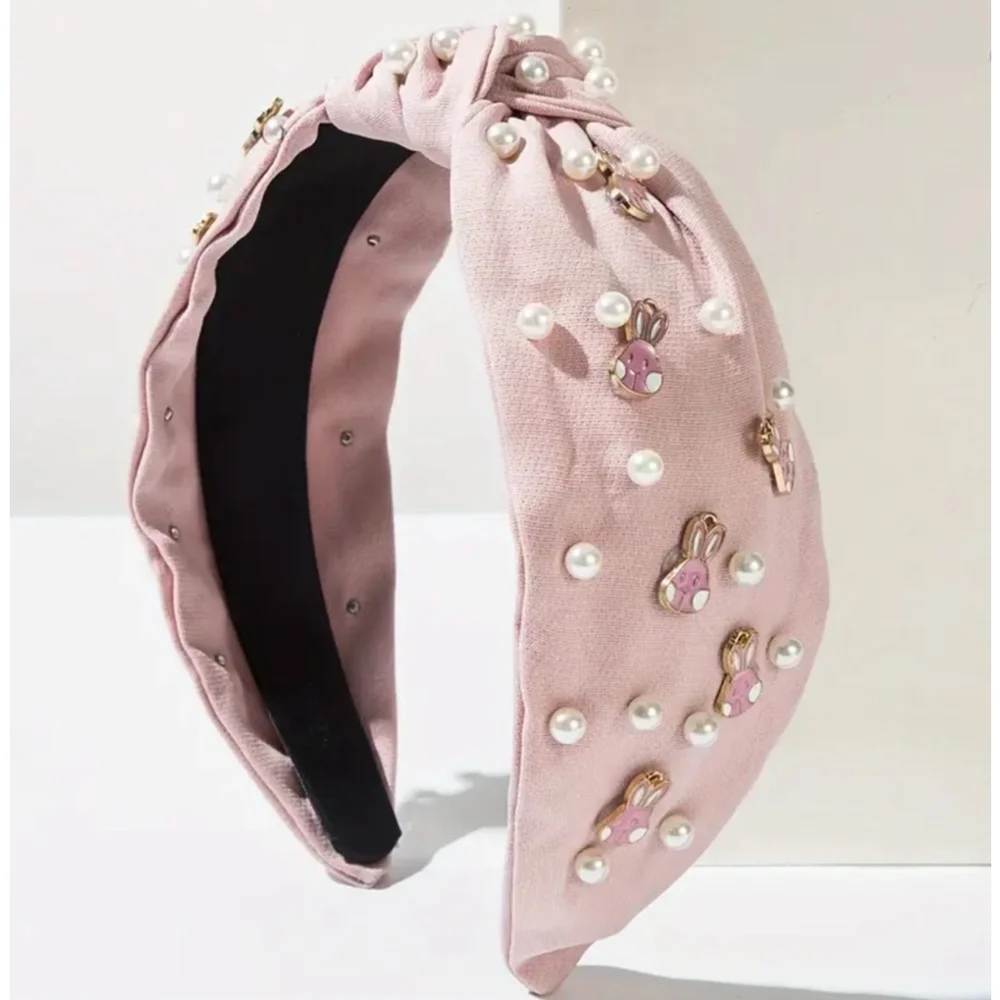 Pink Top Knot Headband with Easter Bunny Charms and Faux Pearls